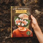 Book titled 'wild imagination: Nature Craft Projects for Kids' held against a textured dark background