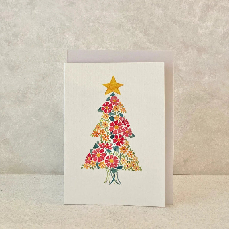 Hand-Painted Colourful Floral Christmas Tree Greeting Card