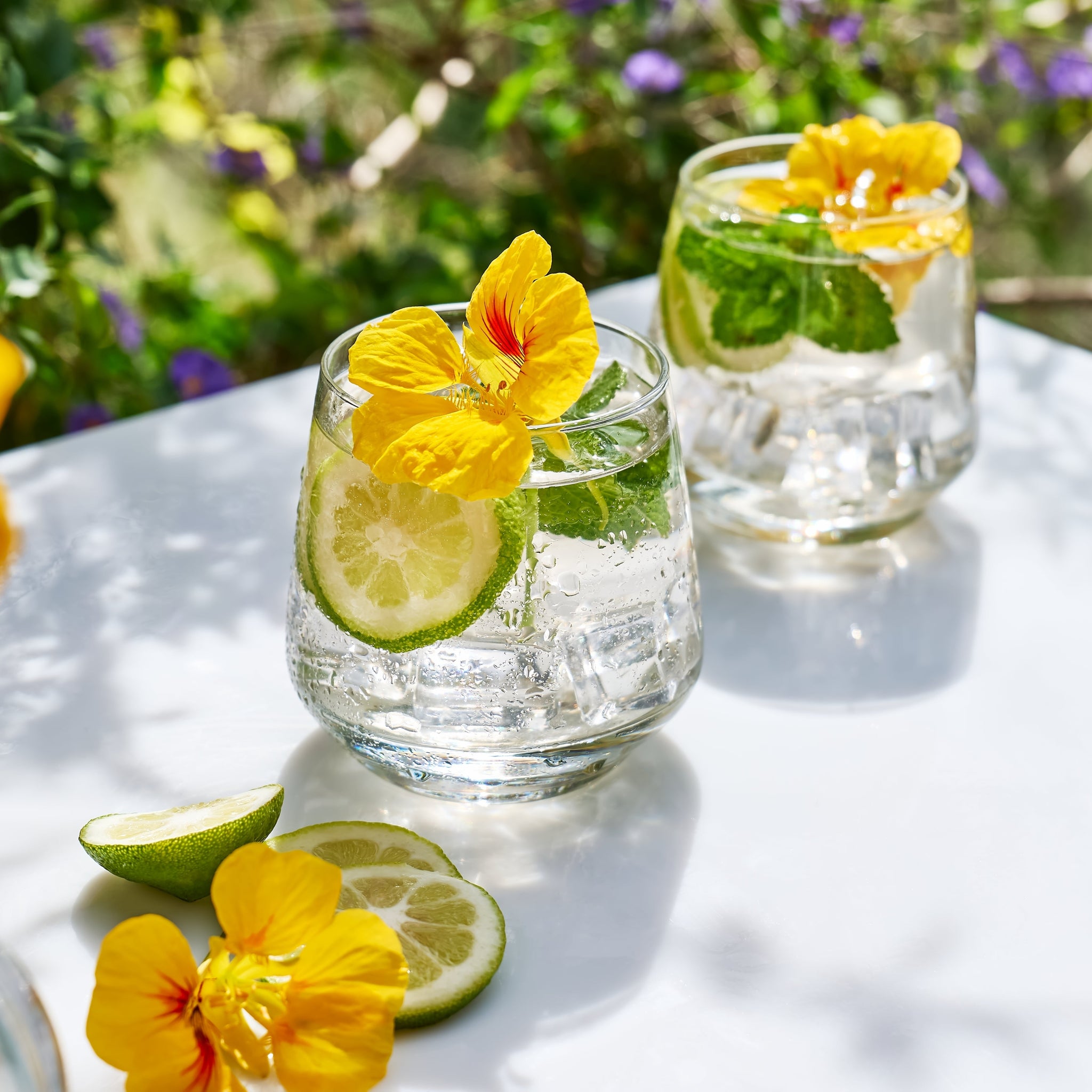 Edible flower in a refreshing drink garnished with a slice of lime and a sprig of fresh herb.