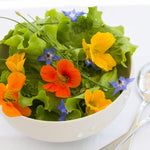 Bowl of salad with edible flowers on a white background